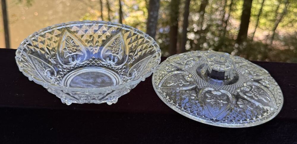 Vintage KIG Malaysian Clear Glass 7” Round Candy Dish Bowl & Lid Hearts